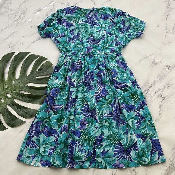 Luci Fellini Womens Vintage 80s Shirt Dress Size M Blue Green Tropical Pockets - Picture 8 of 11